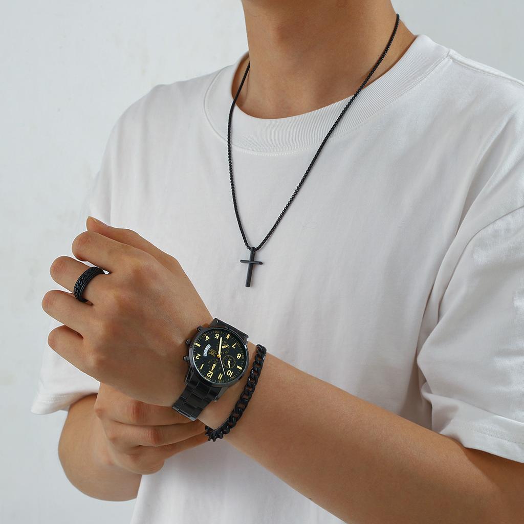 Nicht-Schweizer vollautomatische mechanische Quarzuhr für Herren mit Halskette, Armband, Ring, vierteiliges Set mit Geschenkbox