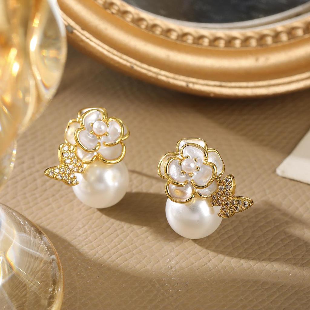 High-End French Enamel Camellia Butterfly Pearl Stud Earrings
