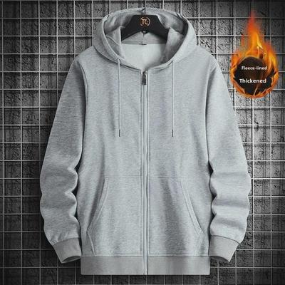 Men's Autumn/Winter Plush Jacket - Thickened Velvet, Solid Color, Large Size, Zipper Hoodie