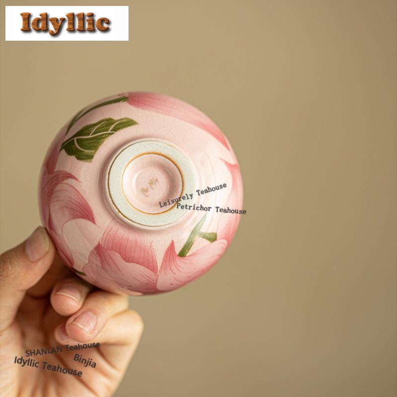 120ml Ru Kiln Gold Drawing Lily Pink Teacup Aesthetic Tea Bowl Jug Tea-tasting Smelling Cup Chazhan Master Cups Drinkware Craft