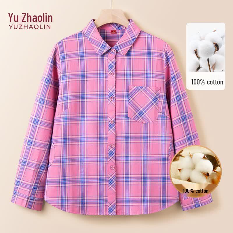 YUZHAOLIN Women s 100% Cotton Plaid Long Sleeve Blouse XL