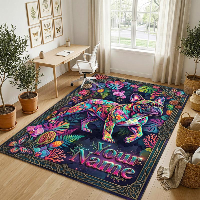 Dog Theme Crystal Velvet Rug Personalized Custom Name Text Soft Floor Mat Home Decor