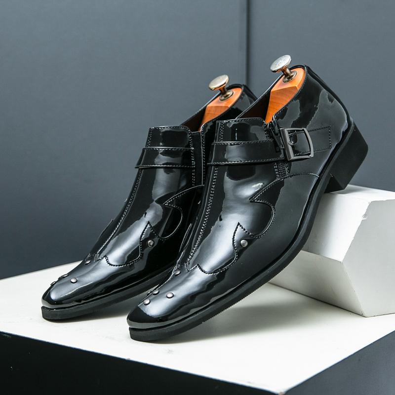 Fashion Brand's New Men's Low Cut Riveted Chelsea Leather Shoes Autumn Patent Leather Men's Buckle Pointed Block Leather Shoes