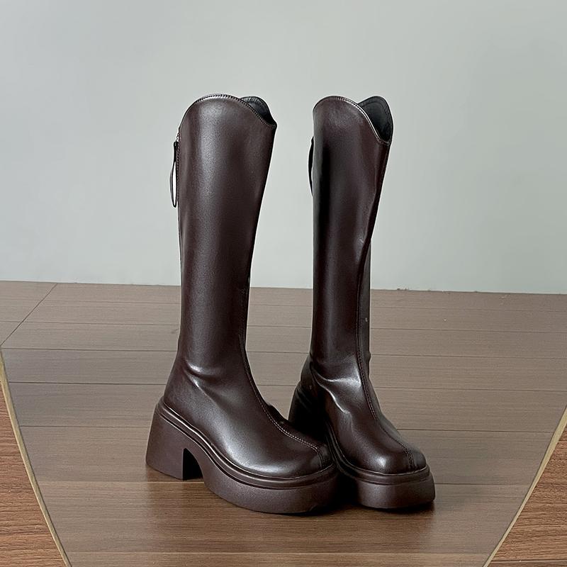 

Зимние ботфорты на платформе с увеличением высоты, женские, до колена, лаконичные, на толстом каблуке, рыцарские, длинные ботильоны 35