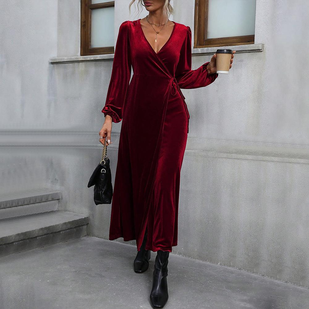 Ladies Long Sleeve Elegant Solid Color V Neck Velvet Bandage Sexy Party High Split Pencil Dress