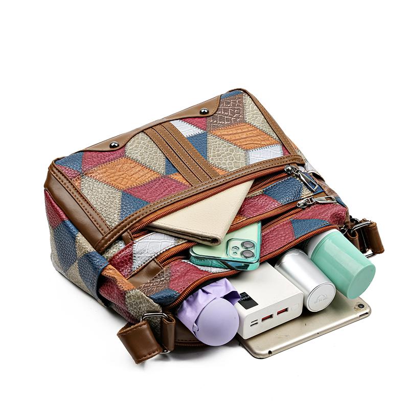 Women's Crossbody Bag Large Capacity Mother Bag Stitching Middle-Aged Soft Leather Shoulder Bag Mobile Phone Bag