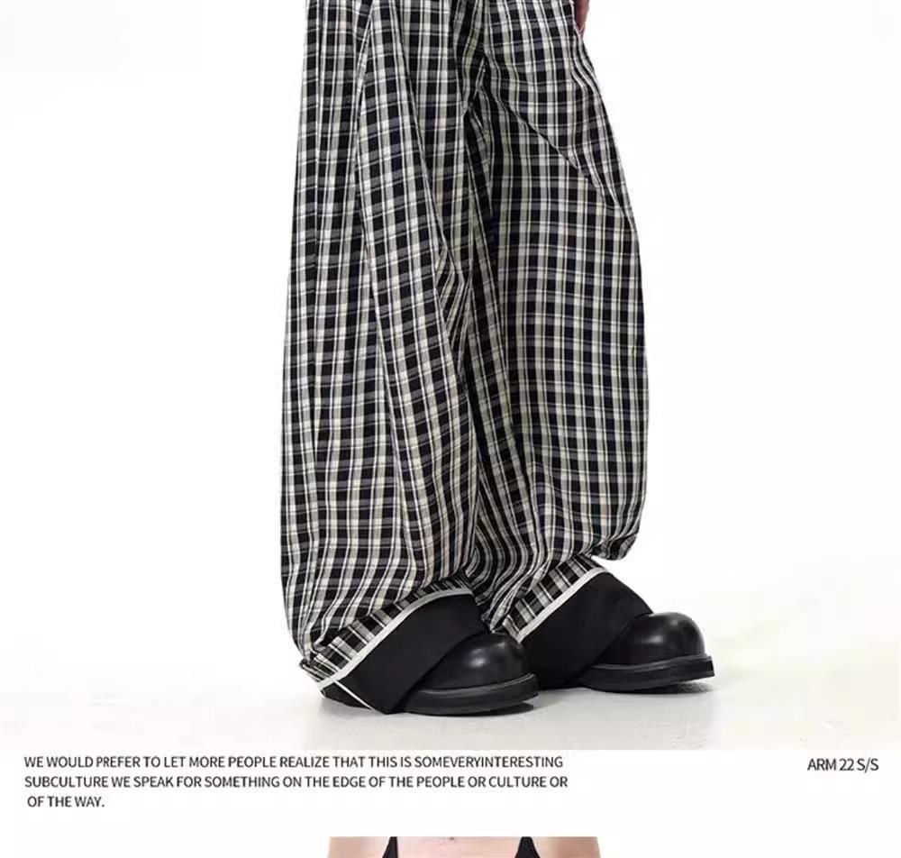 Retro British Style Plaid Striped High-Waist Wide-Leg Trousers
