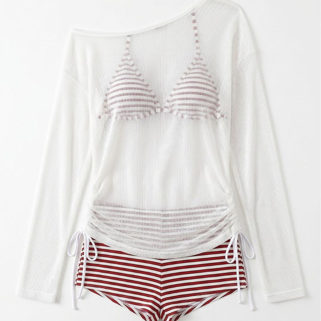 Bikini swimsuit three-piece high-end long-sleeved blouse to cover the belly and look thin, sexy seaside striped swimsuit women