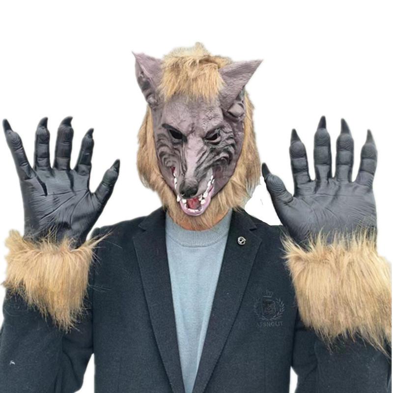 Funny Hooded Werewolf Gloves And Horror Mask Set for Halloween Costume Accessories