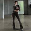 Fall Fashion New Arrival Pure Color Minimalist Round Neck Midriff-Baring Long Sleeves Tops High Waist Straight-leg Bootcut Trousers Casual Suit