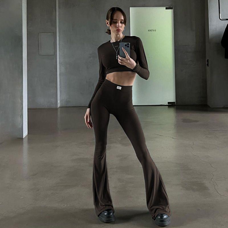 Fall Fashion New Arrival Pure Color Minimalist Round Neck Midriff-Baring Long Sleeves Tops High Waist Straight-leg Bootcut Trousers Casual Suit