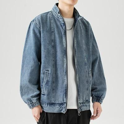 Chaqueta vaquera con cuello levantado para hombre, chaqueta informal con cierre de cremallera, abrigo holgado holgado, chaqueta Retro azul, ropa de moda para hombre