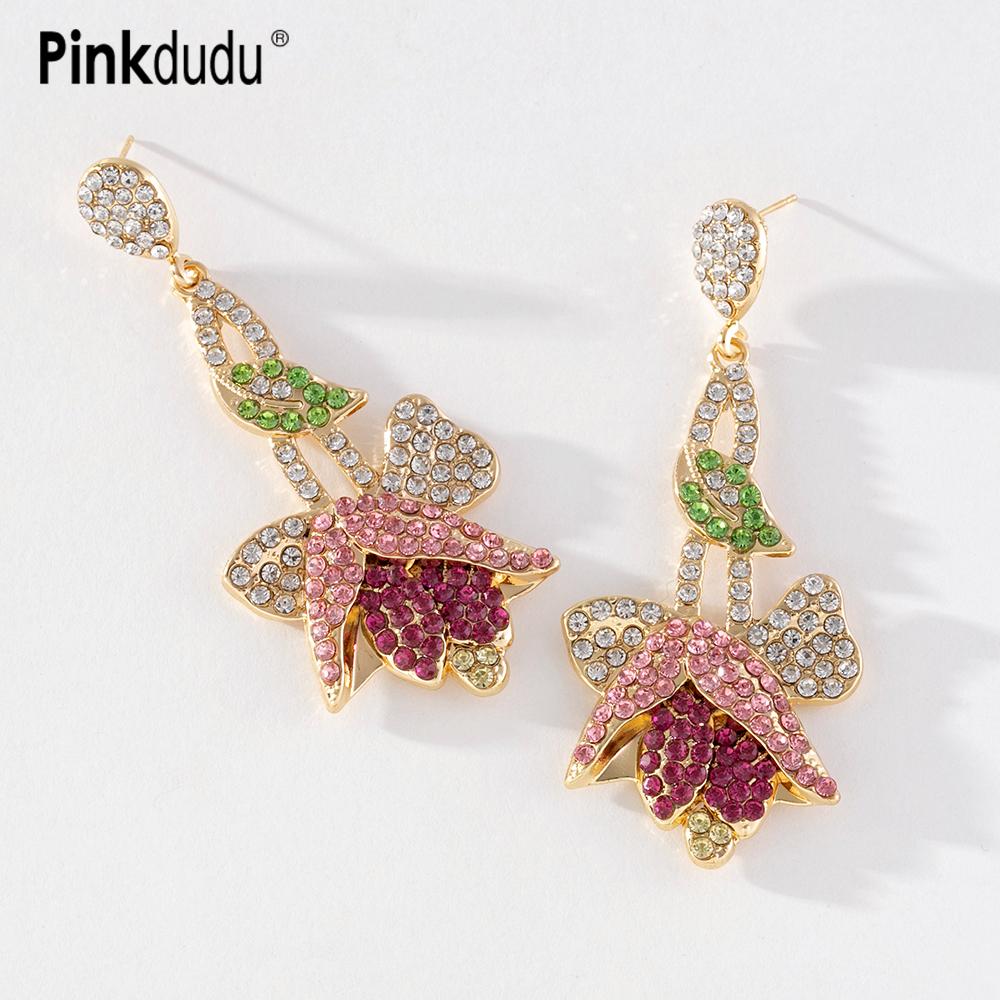 

Pinkdudu Мода Стразы Тюльпан Цветочный сплав Капля Серьги Очаровательный европейский стиль Серьги для женщин Ювелирные изделия PD1021