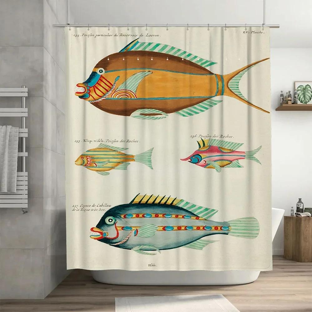 Fish Pattern Shower Curtain Fabric Waterproof Bathroom Decor Home Decoration Wall Hanging Watercolor Print