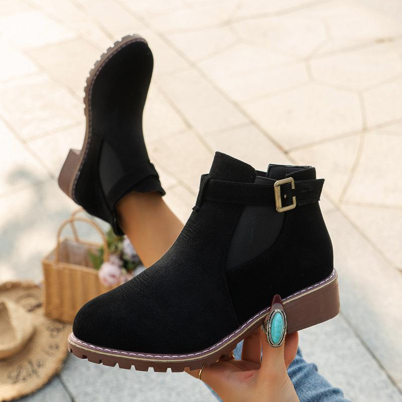Large size women's boots autumn and winter new Martin boots low heel square heel belt buckle short tube elastic sleeve suede