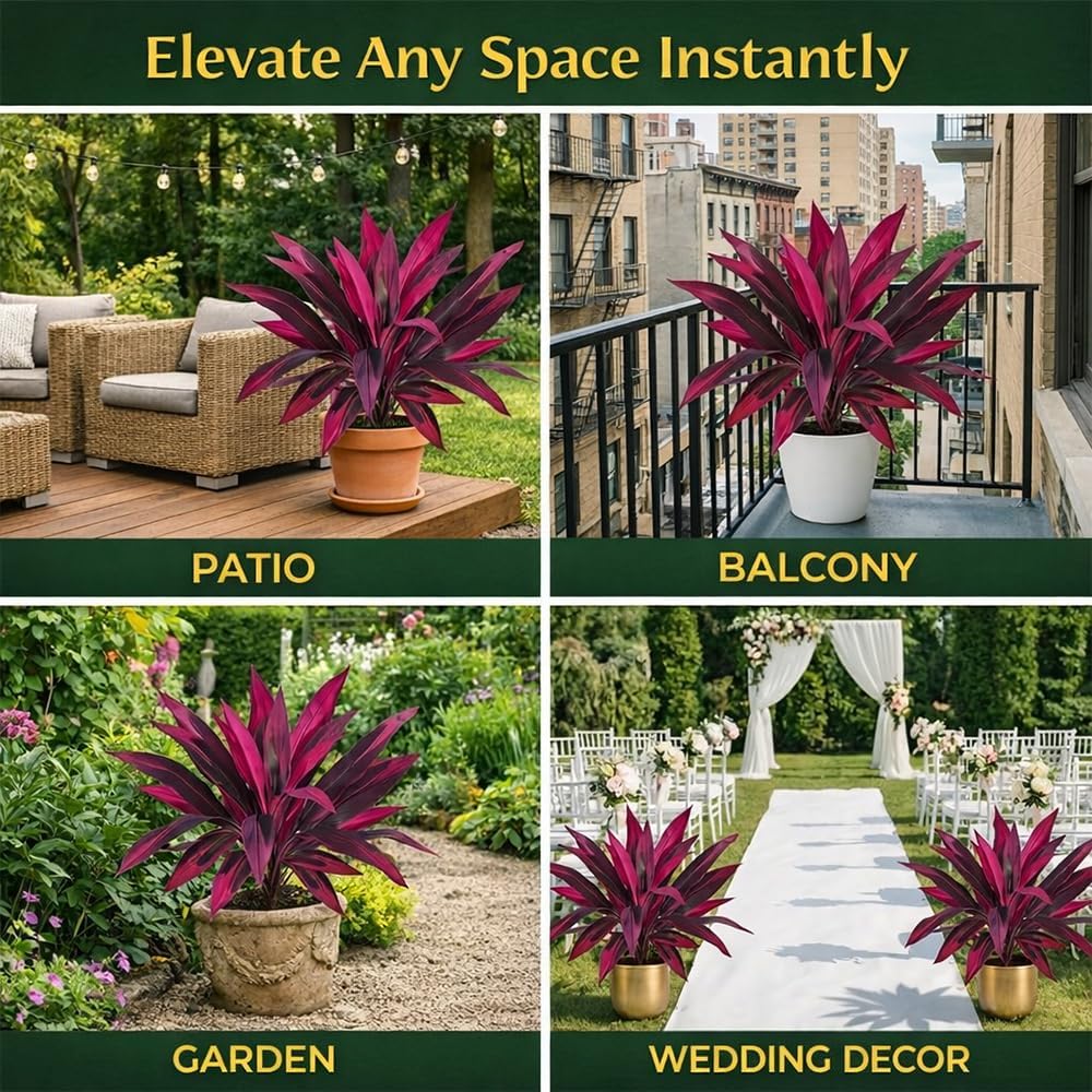 Large Realistic Artificial Boston Fern & Dragon's Blood Tree Artificial Turf UV Resistant Red Cordyline Ti Plants Red/Pink Vibrant Purple Leaves
