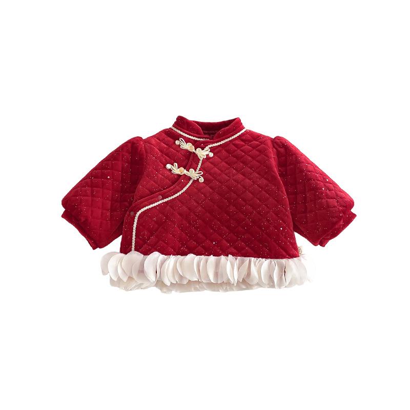 Girls' 2025 Winter Quilted Chinese New Year Retro Slanted Collar Cotton Jacket