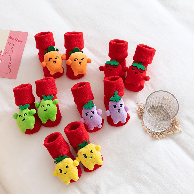 Christmas Infant Non-Slip Cotton Socks: Thick Terry Fruit Doll Design for Newborns