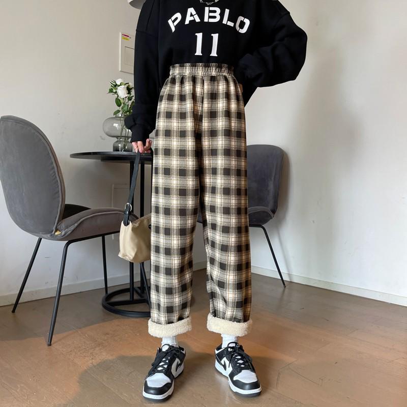 Plaid High-Waisted Women's Wide-Leg Pants - 2025 Autumn/Winter, Korean Style, Fleece-Lined, Loose Fit, Floor-Length.