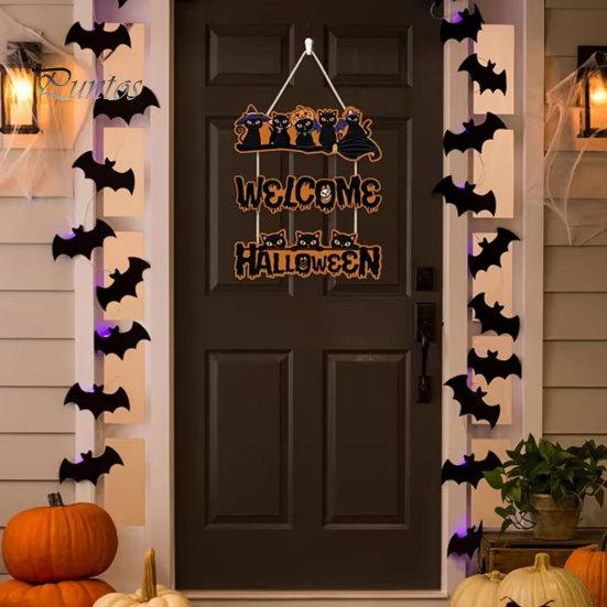 Elegant Natural Wood Sign Halloween Wooden Door Sign, Black Cats Broom Front Hanger, Rustic Nordic Style Hanging Welcome for Home Window Wall