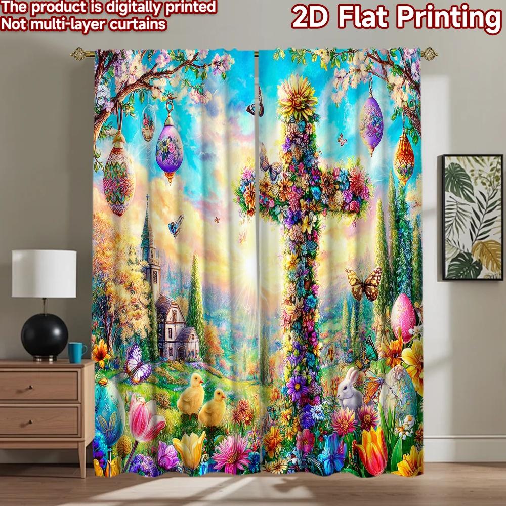 2D flat printing 2pcs Party Curtains Easter cross flowers butterflies Digital Printed Polyester Drapes Seasonal Party & Holiday