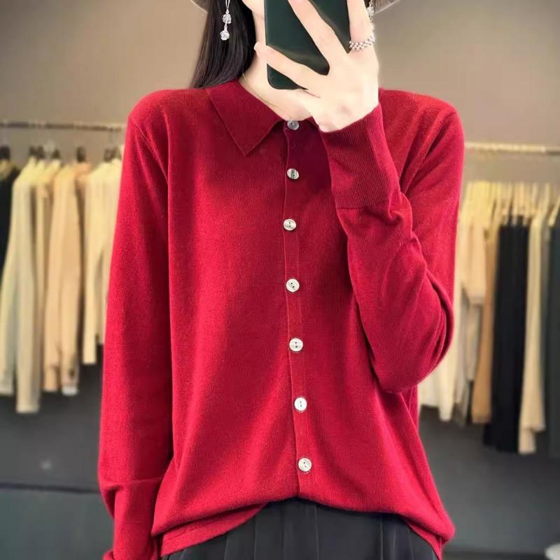 Toamnă și iarnă nou pulover cardigan tricotat cu guler de cămașă lână pieptănată, cămașă cu rever polo cu jachetă deasupra, pentru femei