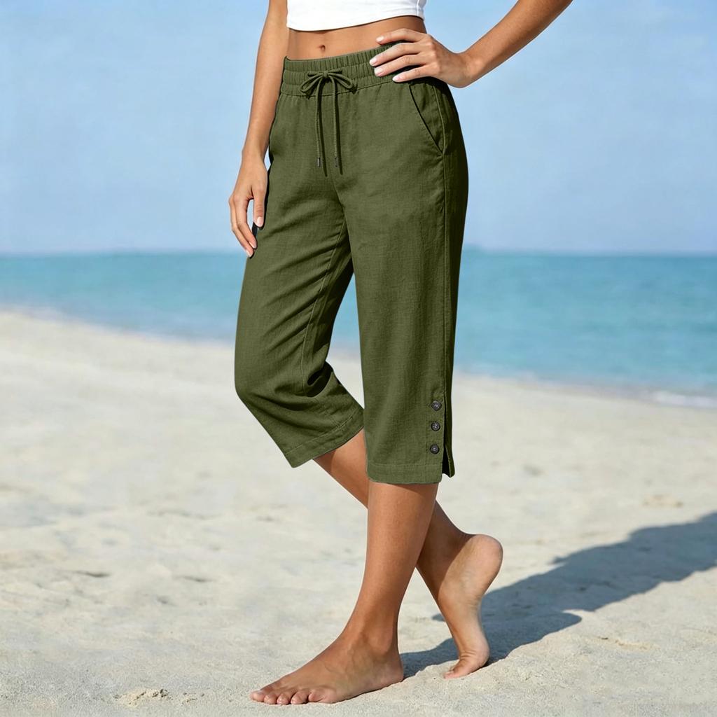 Women's Casual Cotton Linen Pants Straight Leg Loose Fit with Pockets Side Slit Button Front