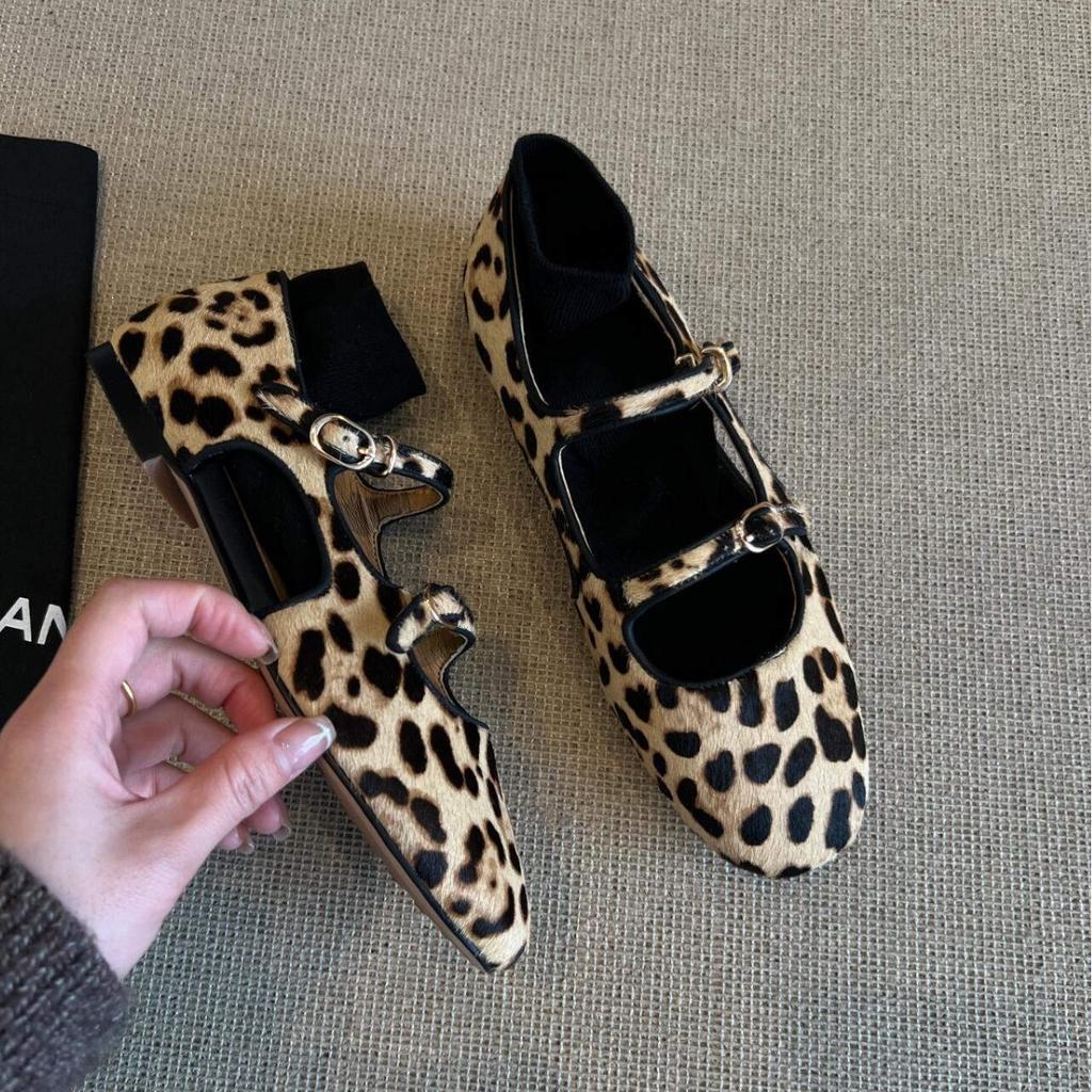 Sheepskin Version~ Niche Hollow Mary Jane Single Shoes Leather Retro Round Head Leopard Print Light Mouth Flat Bottom Ballet Shoes Women
