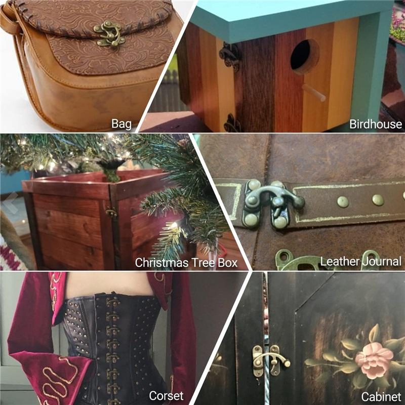 2 ks vintage háček, starožitné bronzové západky na krabici, malá spona s rohovým zámkem pro dřevěnou šperkovnici, dárkové pouzdro na víno, se šrouby