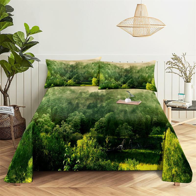 Bedding Sets Green Forest Print Bed Sheet Fashion Design Double Flat Sheet Boys Girls Bed Sheet Set Bed Sheets and Pillowcases