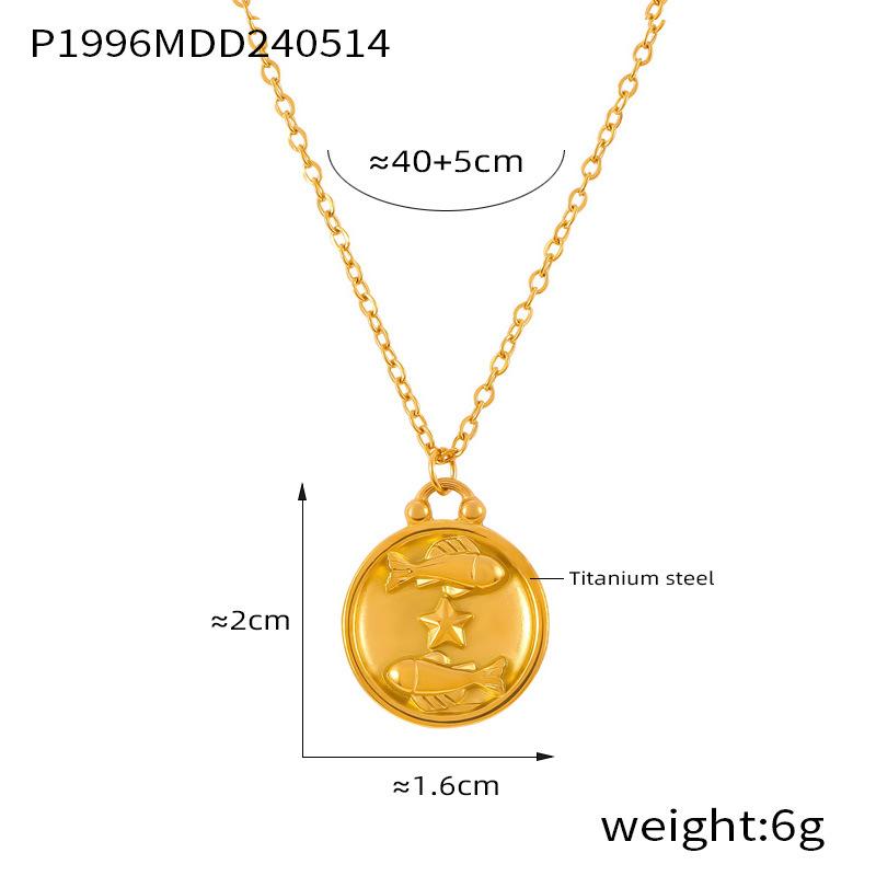 Fenny Fashion Embossed Stars 12 Constellations Round Brand Pendant Necklace 18K Gold Plated Stainless Steel Jewelry