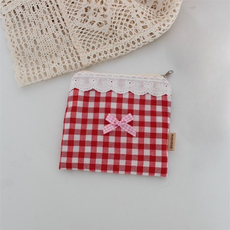 Ins Cute Plaid Coin Purse Sweet Lace Storage Bag Sanitary Napkin Bag High-value Lipstick Cosmetic Bag