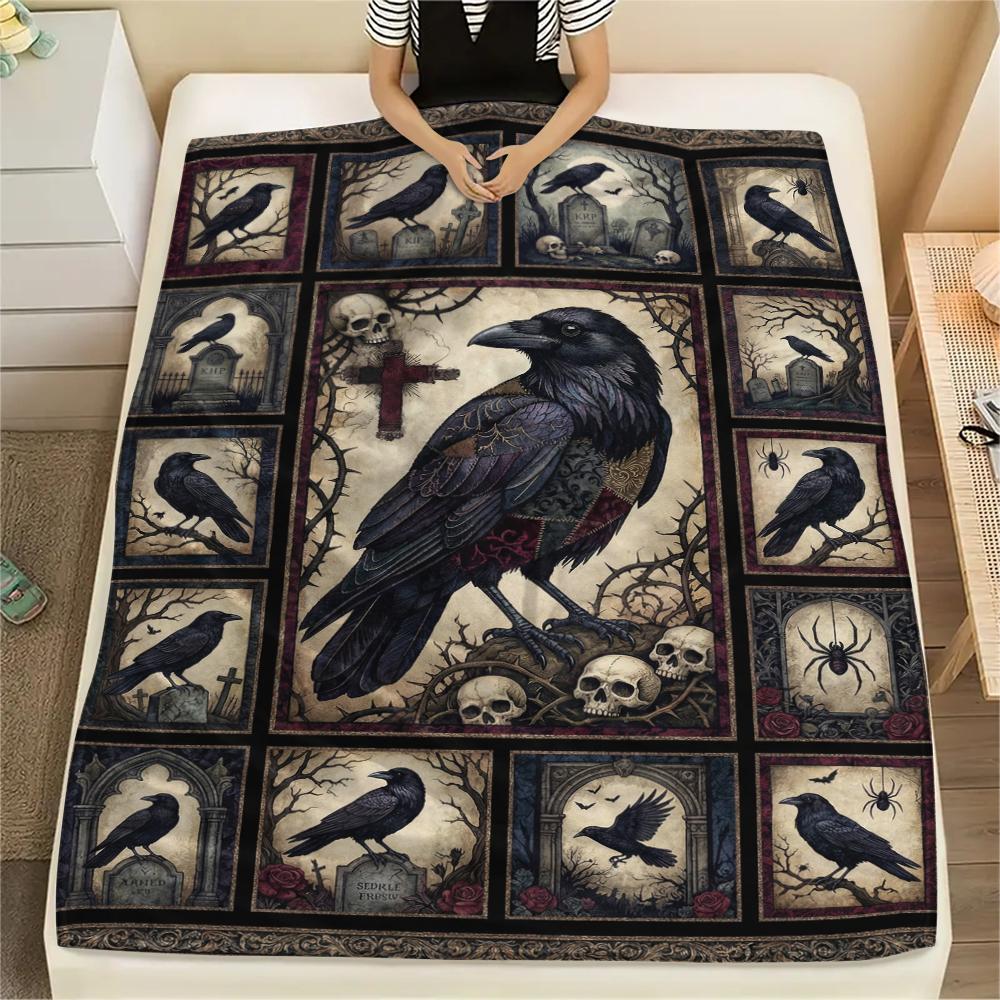 Flaneldecke mit Krähenmuster, Hohe Qualität, Bequem für alle Jahreszeiten, Heimdekoration, Wärme und Komfort, Perfekt für Weihnachtsgeschenke49