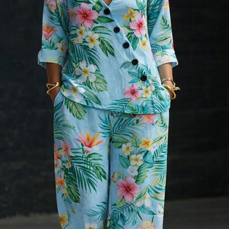 2026 Spring and Summer New Women's Clothing, European and American Minimalist Temperament Loose V-neck Diagonal Button Shirt Wide-leg Pants Two-piece