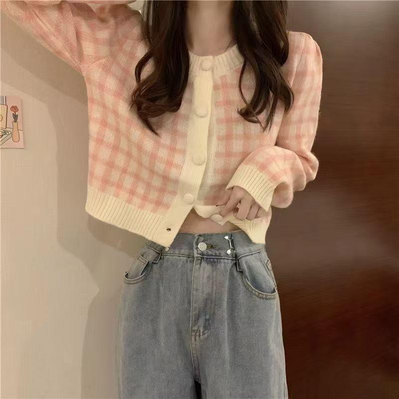 Color Matching Plaid Knitted Cardigan Women's Autumn and Winter Gentle Top Lazy Outside with Short Sweater Jacket Tide