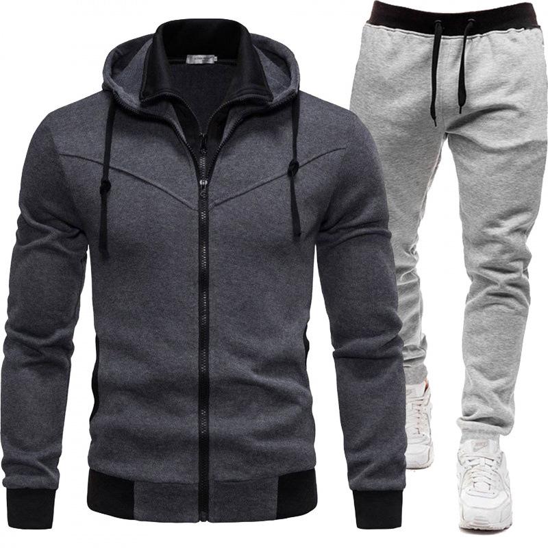 2026 Men's Sporty Patchwork Hooded Jacket and Long Pants Set for Autumn/Winter