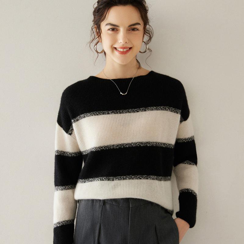 Women's Off-Shoulder Striped Cashmere Sweater - Long Sleeve Knit Pullover