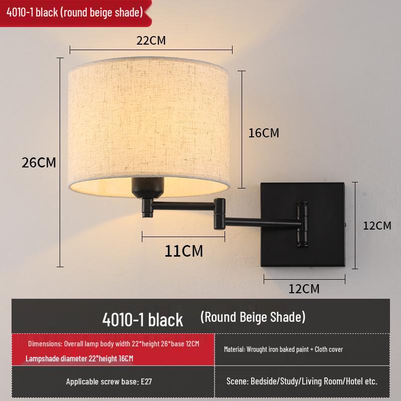 Modern LED Swing Arm Wall Light with Fabric Shade for Bedroom, Study, or Living Room.