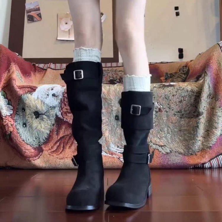 2026 Western Cowboy Shoes Women's Coarse Heel Thick Soled Long Boots Versatile Height Increasing Knight Boots Women