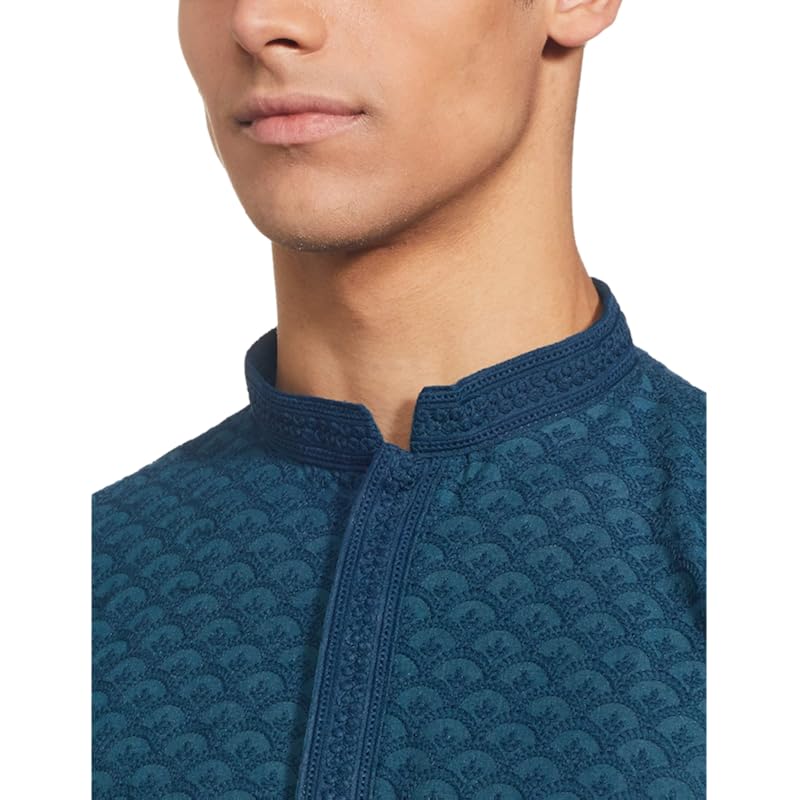 Manyavar Murky Green Chikan Kurta Set for Mens(Medium,Blue)