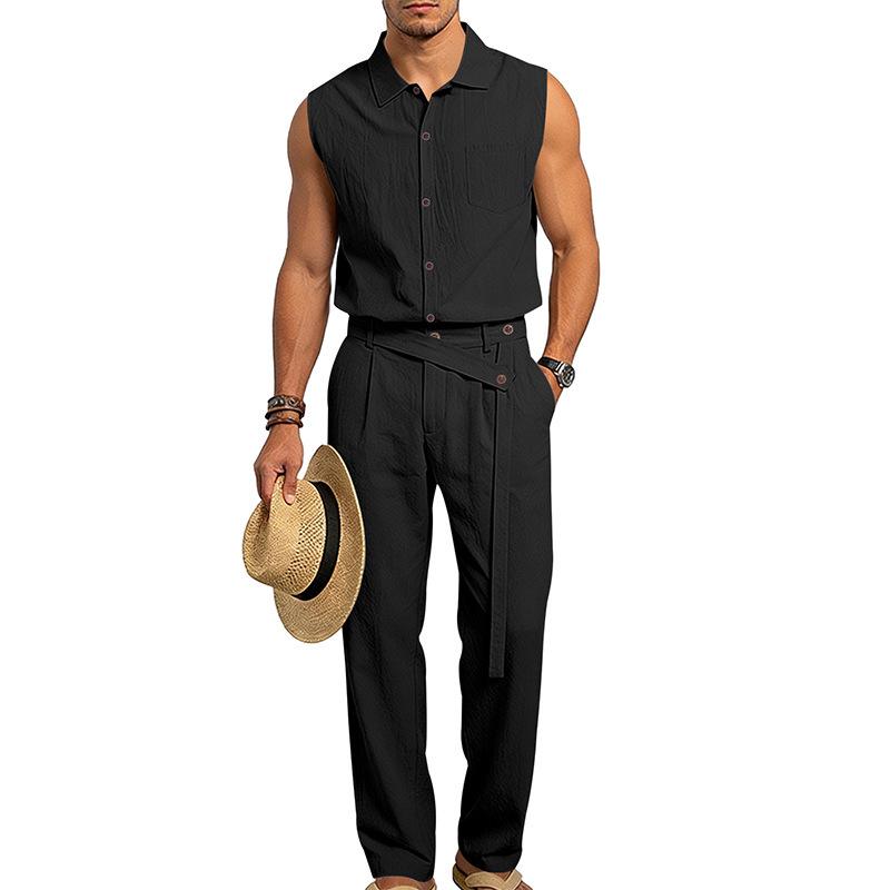 Men's European Summer Linen Sleeveless Shirt & Long Pants Set - Breathable & Trendy Two-Piece