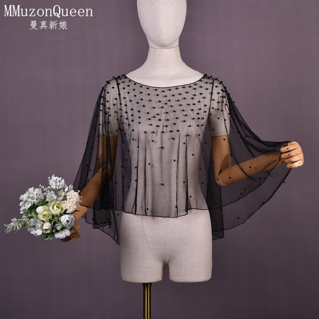Two Colors Pearl Beaded Sheer Tulle Cape Shrug, Asymmetric Long Back Train Mesh Cover Up Round Neck for Strapless Wedding Bridal Evening Gown