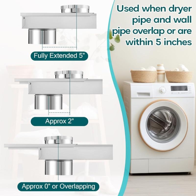 Adjustable Dryer Vent Periscope Space Saving Laundry Room Solution with 2 Clamps Foil Tape Stainless Steel Texture