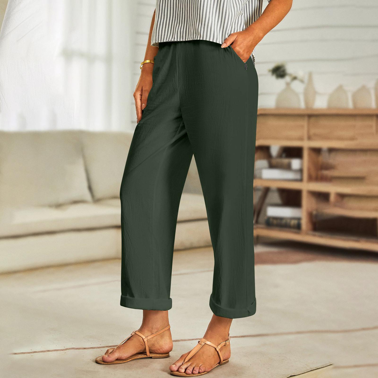 Women s Fashionable Casual -Color Cotton-Linen Loose-Fit Cropped Pants L