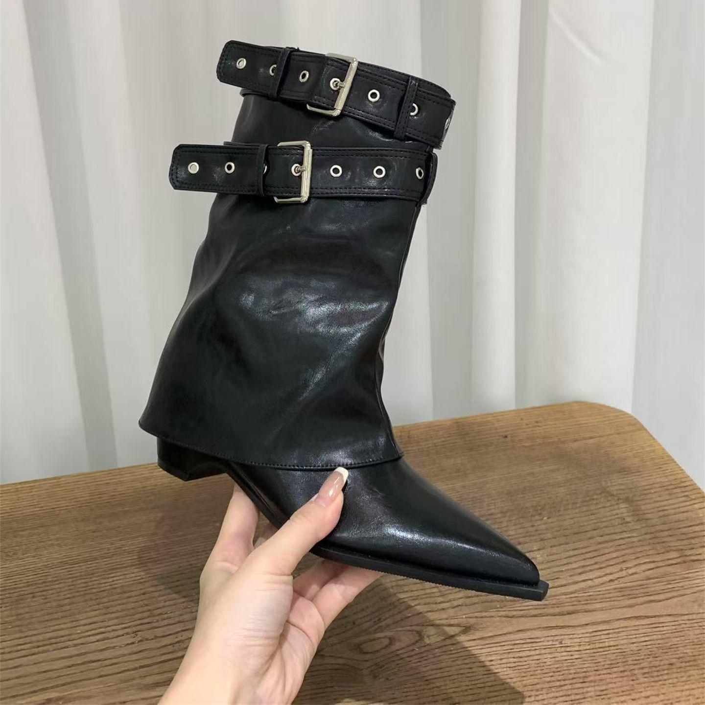 

Кофе Массивный каблук Острый носок Штанина брюк Ботинки Мартин для женщин - Весна и Осень 2025 Западный ковбой Стройнящие Короткие ботинки 40