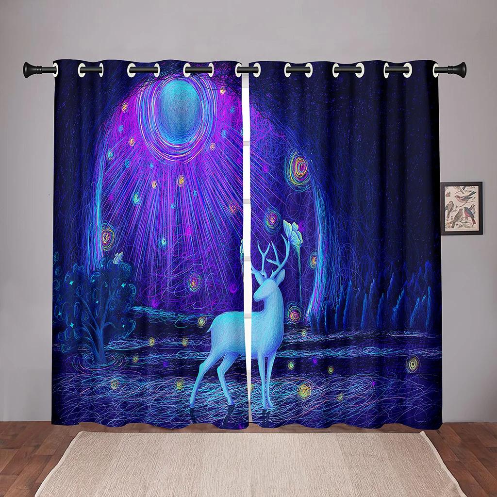 Animal Deer Forest Cartoon Dreamy Blackout Window Curtains for Bedroom Living Room Bathroom Kicthen Door Hall High Shading New