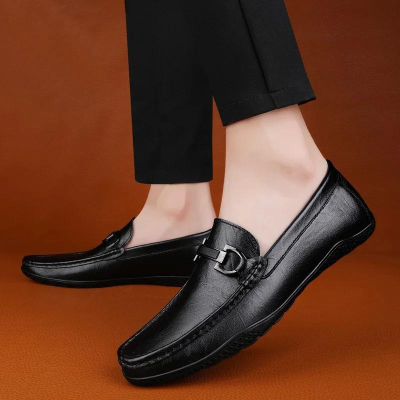 Fashion Minimalist Designer Style Metal Buckle Men's Elegant Formal Loafers Handmade Footwear Leisure Comfortable Driving Leather Shoes