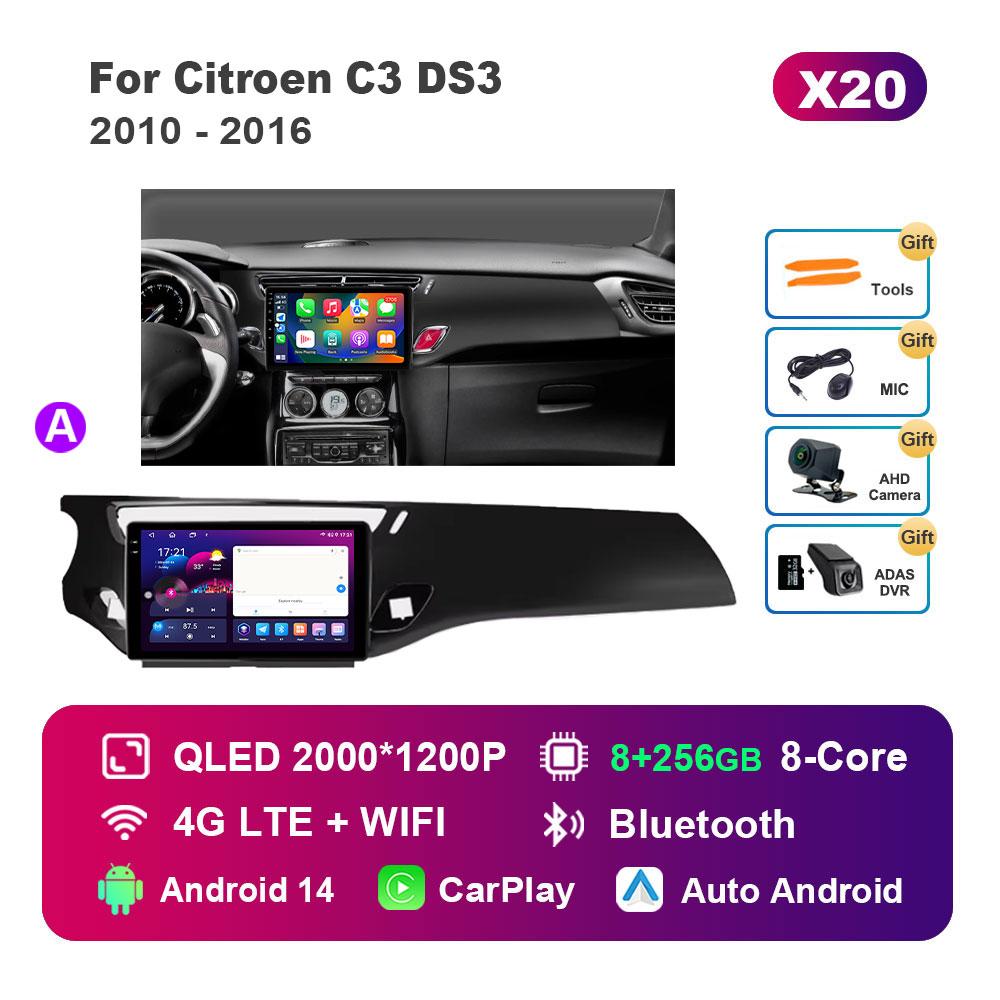 Car Video Multimedia Player DSP Stereo for Citroen C3 DS3 2010 - 2016 Android 14 System GPS Navi WiFi IPS Screen 4G Bluetooth