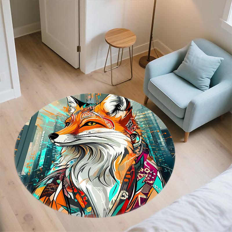 City Fox,Round Area Rug,Carpet Rug for Living Room Bedroom Sofa Playroom Decor,Non-slip Floor Mat
