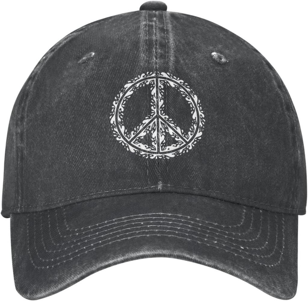 Peace Symbol Distressed Denim Baseball Cap Vintage Washed Adjustable Hippie Hat Casual Hat Unisex